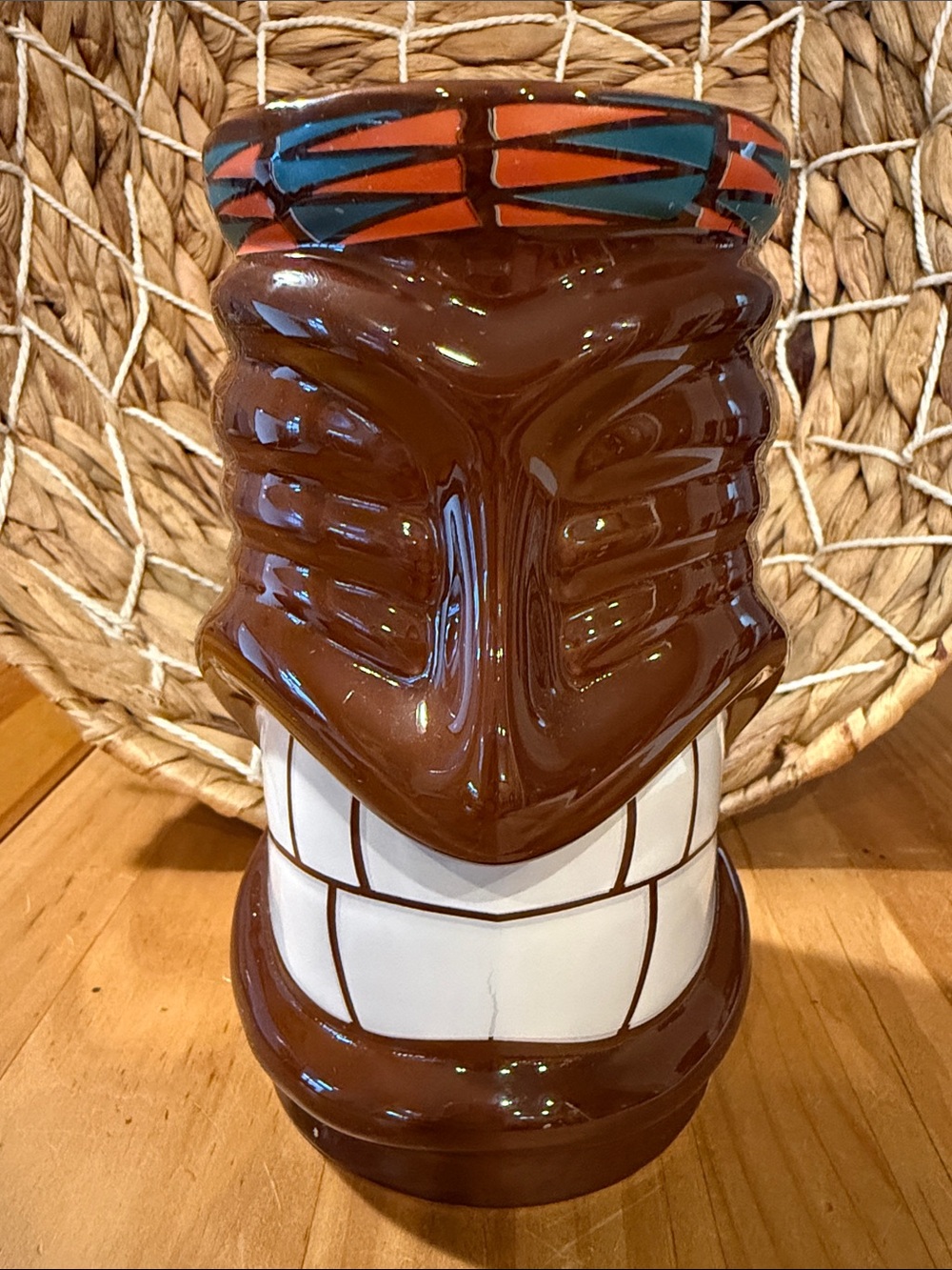 Tiki Style Tall Ceramic Drink/Cocktail Glass/Vase, Brown, 6 1/4” tall